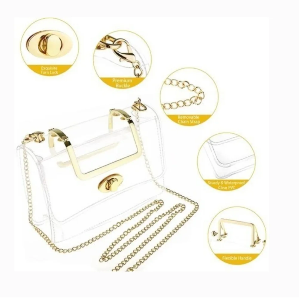 Clear Acrylic Box Clutch‎ Crossbody Gold Chain Luxe Transparent Stadium Bag Chic